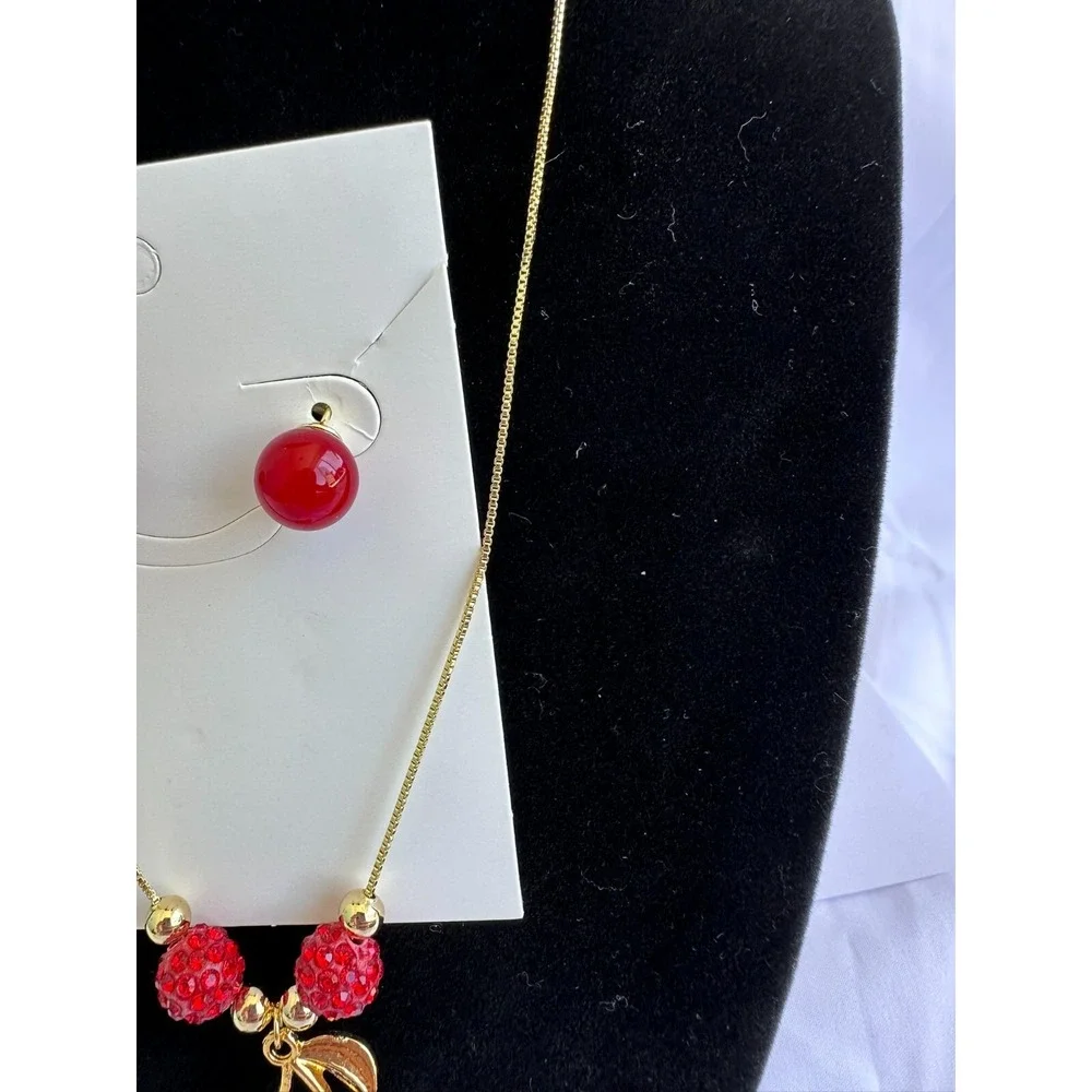 Cherry‎ Woman's Set Necklace and Earring 14k Gold Plated Oro Laminado